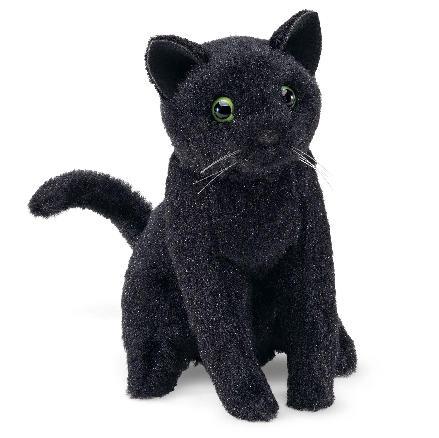 Folkmanis Fingerpuppe mini schwarze Katze mit grünen Glasaugen, silbernen Schnurrhaaren und geschwungenem Schwanz, sitzend