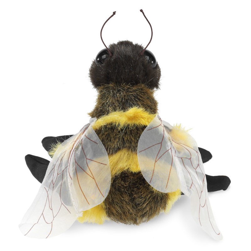 Folkmanis hand puppet bee with black and yellow plush body, transparent wings and antennae, front view