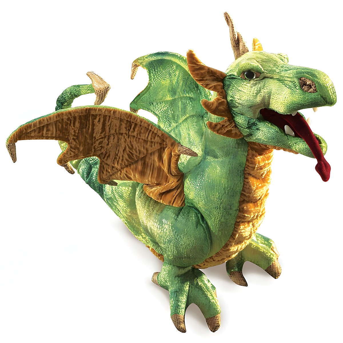 Folkmanis Handpuppe Lindwurm-Drache in Grün mit goldbraunen Flügeln, geöffnetem Maul und roter Zunge, Schrägansicht