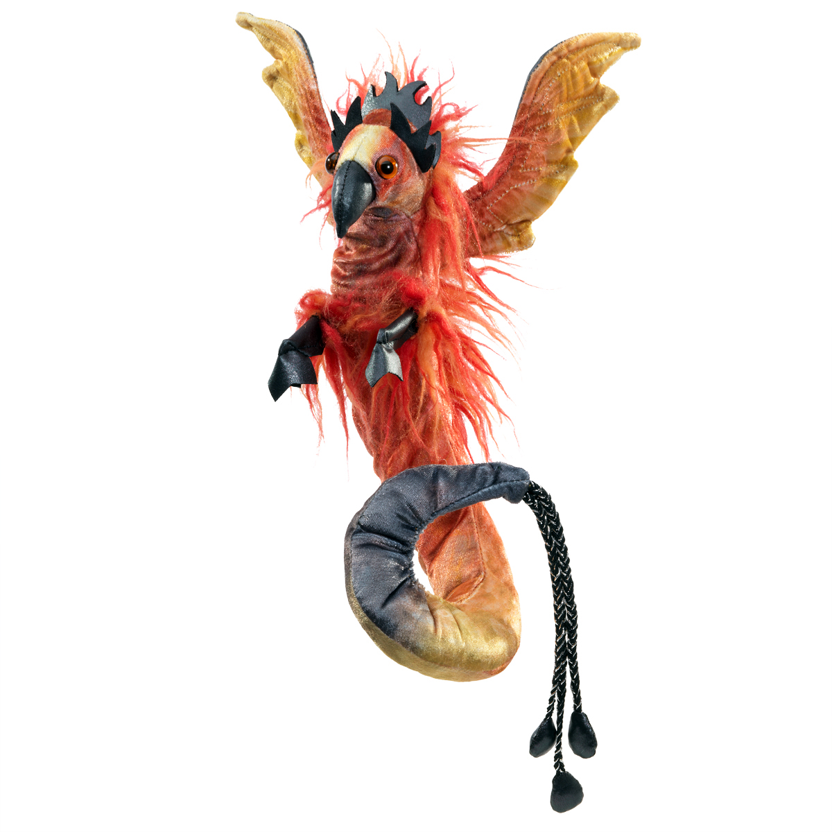 Folkmanis Fingerpuppe Feuervogel mit rotem Federgefieder, schwarzer Krone, goldenen Flügeln und geringeltem Schwanz mit Armband-Schnur