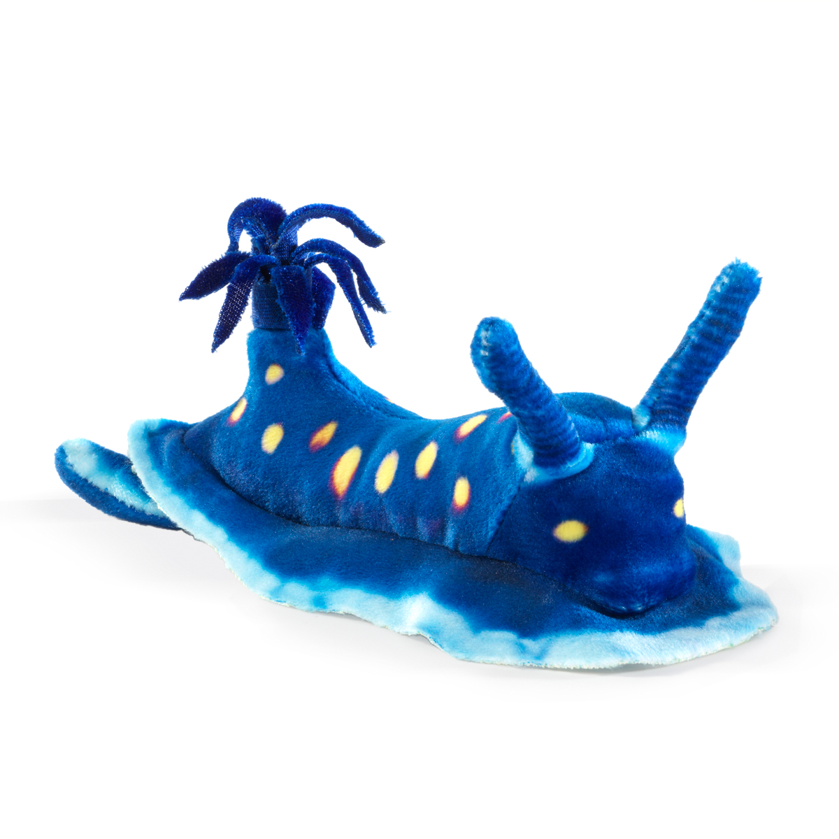 Folkmanis Fingerpuppe mini blaue Nacktkiemenschnecke in leuchtendem Blau mit gelb-orangen Flecken, Kiemenbusch und zwei Tentakeln, Seitenansicht