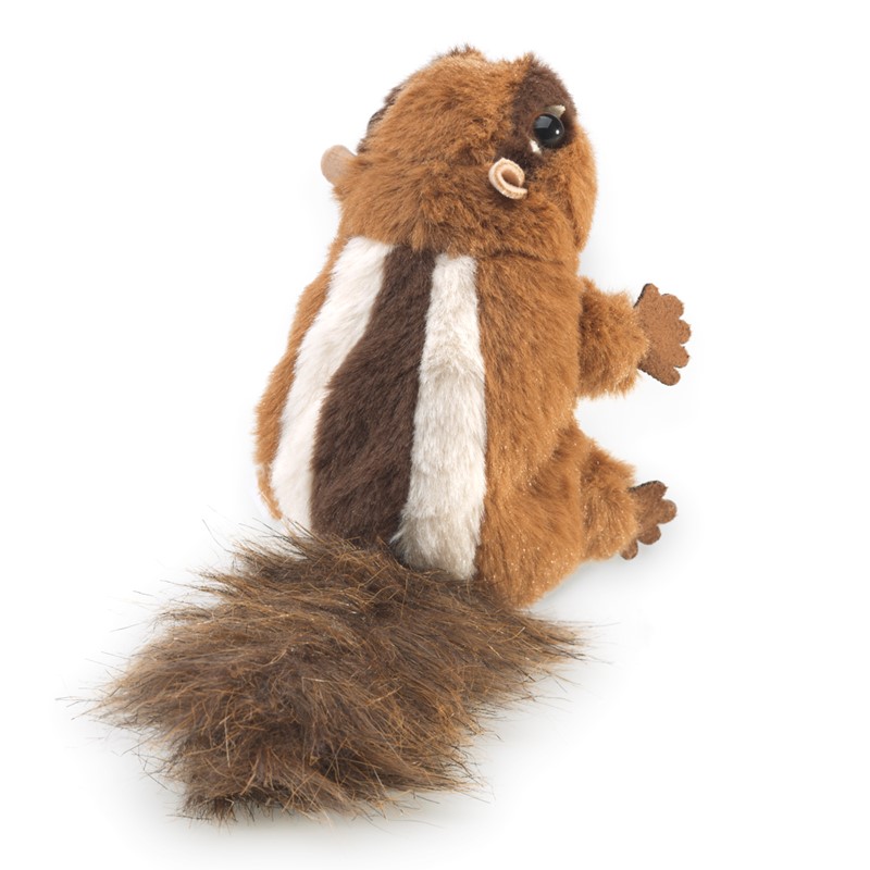 Folkmanis mini chipmunk finger puppet with brown-and-white striped belly and bushy tail, shown from an angle