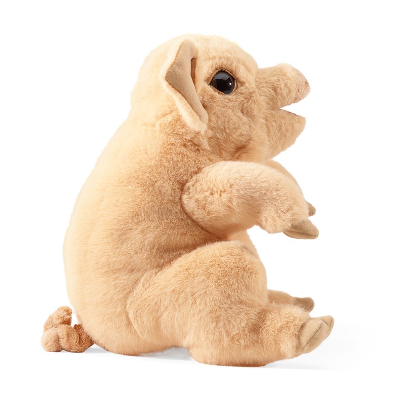 Folkmanis piggy hand puppet in light beige with open mouth, side view on a white background