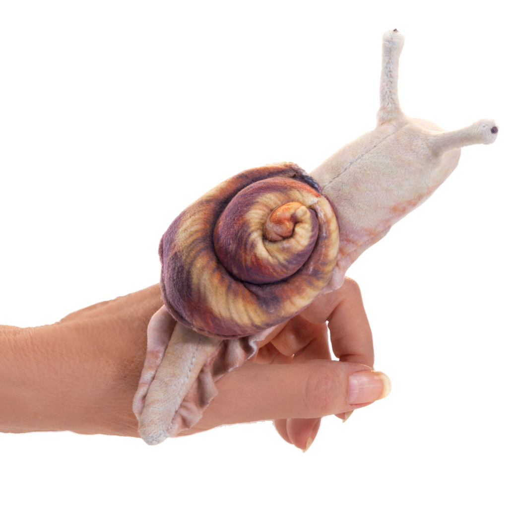 Folkmanis mini snail finger puppet with swirled brown shell and raised tentacles, worn on a hand
