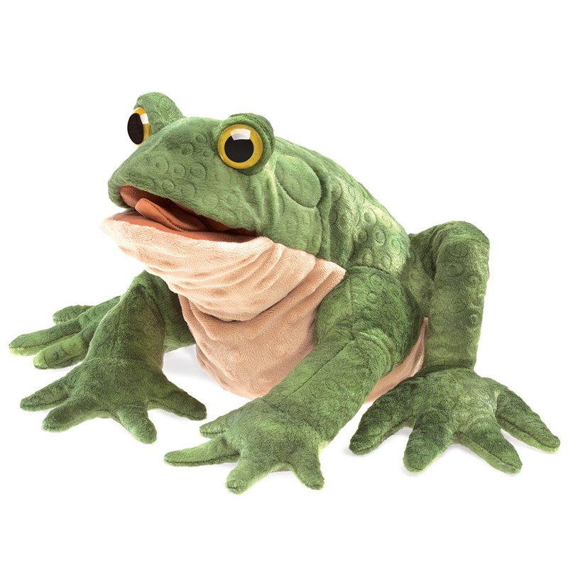 Folkmanis Handpuppe Kröte in Grün mit geöffnetem Maul, hellem Bauchfell und gelben Augen, Schrägansicht