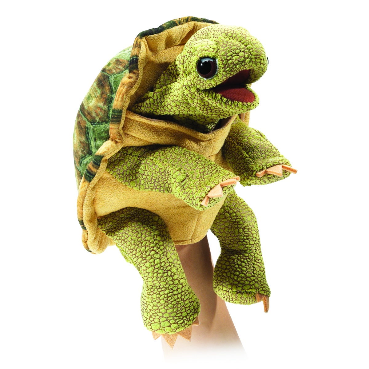 Folkmanis Handpuppe stehende Schildkröte mit geöffnetem Maul, grün-gemusterter Haut und detailliertem Panzer, Seitenansicht auf Hand