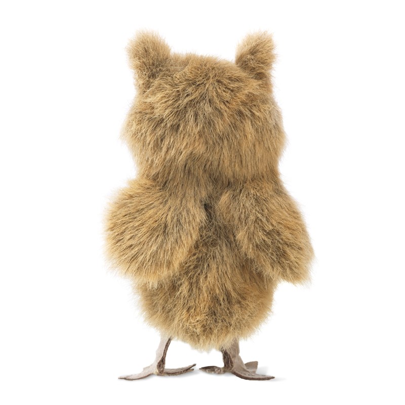 Folkmanis mini great horned owl finger puppet shown from the back, golden-brown shaggy plumage, distinctive ear tufts, detailed talon feet