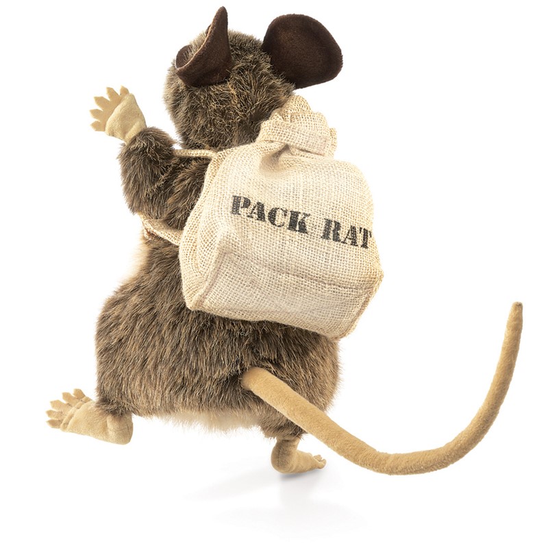 Folkmanis Handpuppe Packratte mit braunem Fell, dunklen Ohren und einem Jutesack mit Aufschrift Pack Rat auf dem Rücken