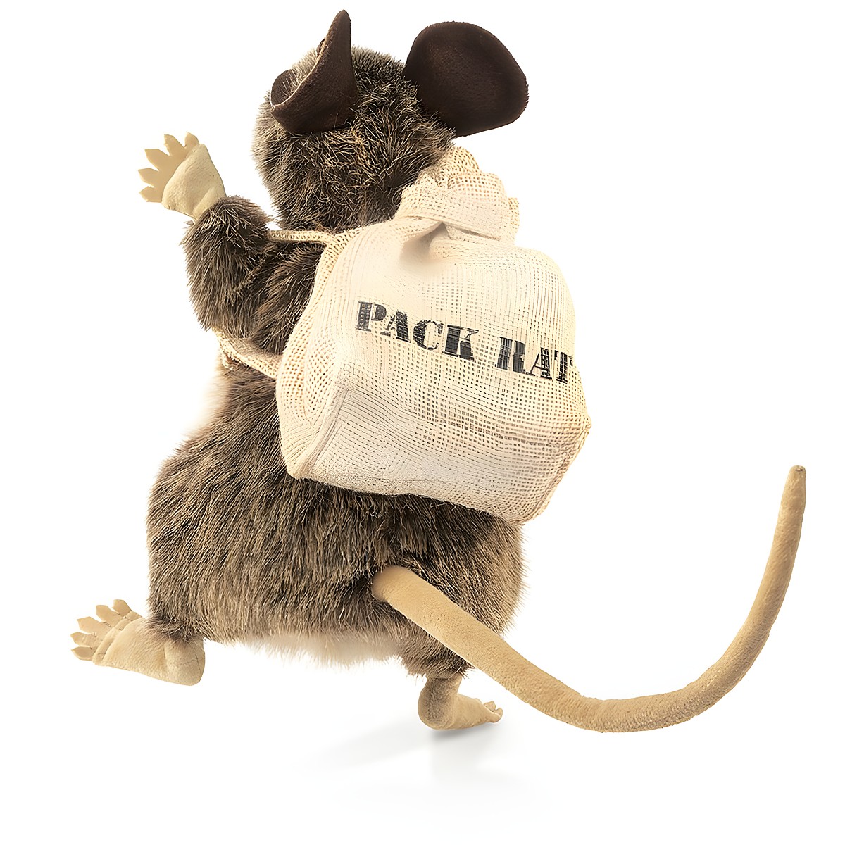 Folkmanis Handpuppe Packratte mit braunem Fell, dunklen Ohren und einem Jutesack mit Aufschrift Pack Rat auf dem Rücken
