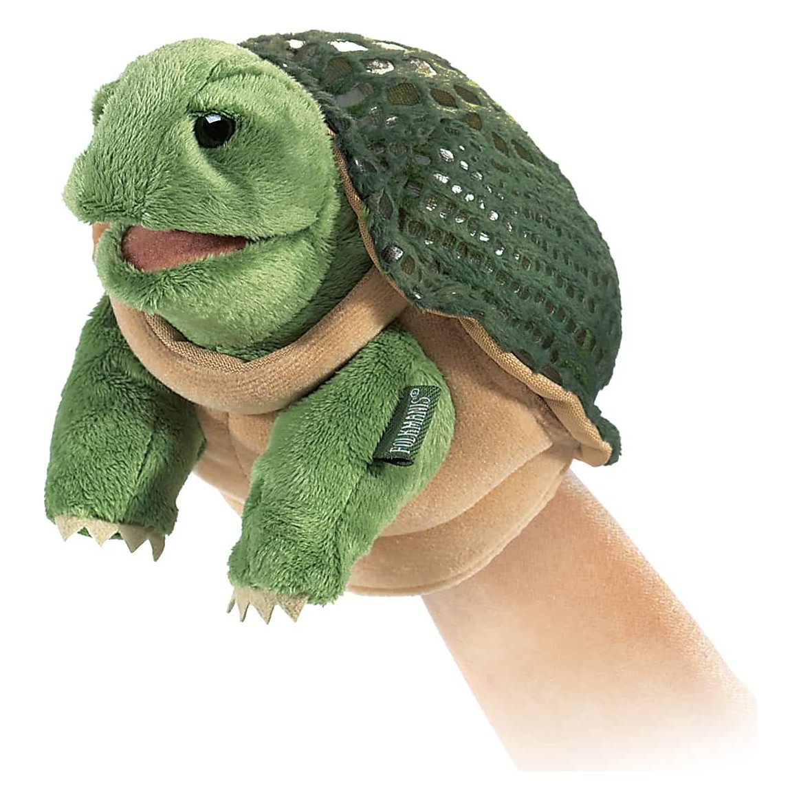 Folkmanis Handpuppe kleine Schildkröte mit grünem Netzpanzer und beweglichem Maul, auf einer Hand präsentiert