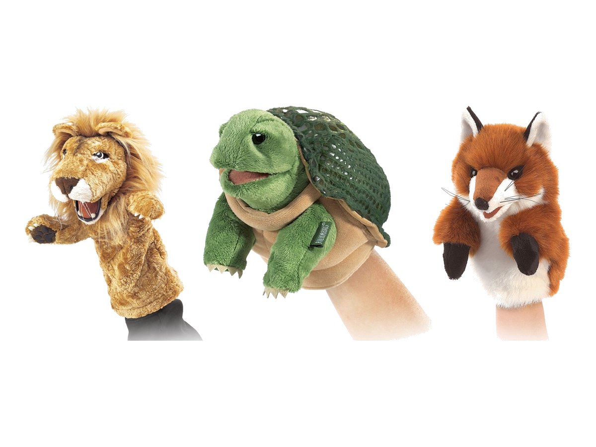 Folkmanis Bühnenhandpuppen Löwe, kleine Schildkröte und kleiner Fuchs