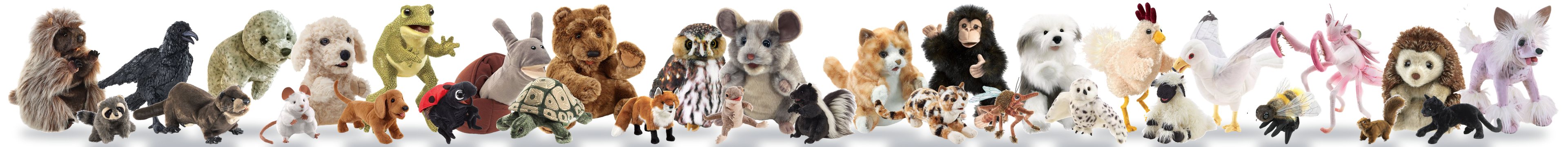 Folkmanis Handpuppen in einer Reihe: Bär, Frosch, Hund, Eule, Huhn und viele weitere Tiere