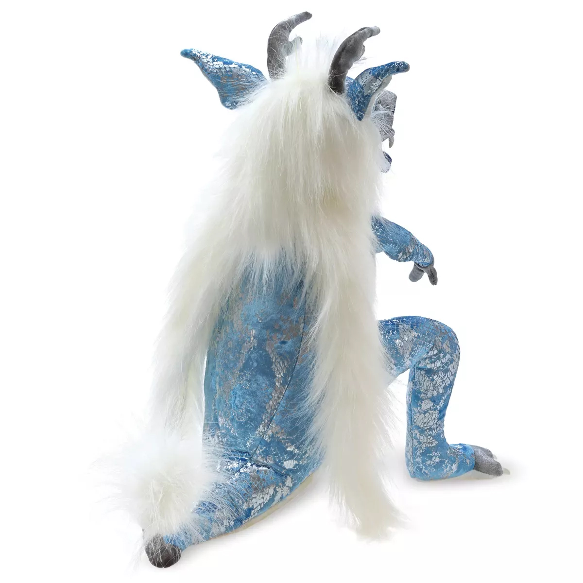 Folkmanis Handpuppe Eisdrache von hinten: blau-silbernes Schuppenmuster, lange weiße Mähne, graue Hörner und Krallen