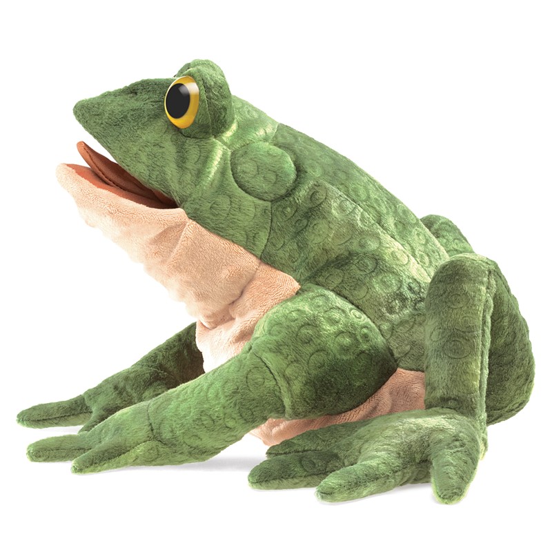 Folkmanis Handpuppe Kröte in Grün mit strukturiertem Plüsch, gelbem Auge und geöffnetem Maul, Seitenansicht