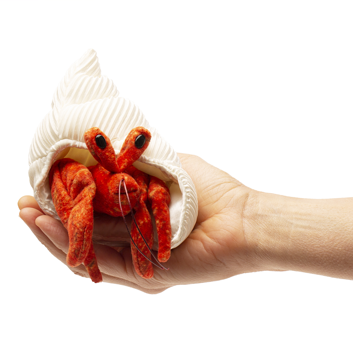 Folkmanis Fingerpuppe mini Einsiedlerkrebs in Orange-Rot mit weißer Stoffschale, auf einer Handfläche liegend