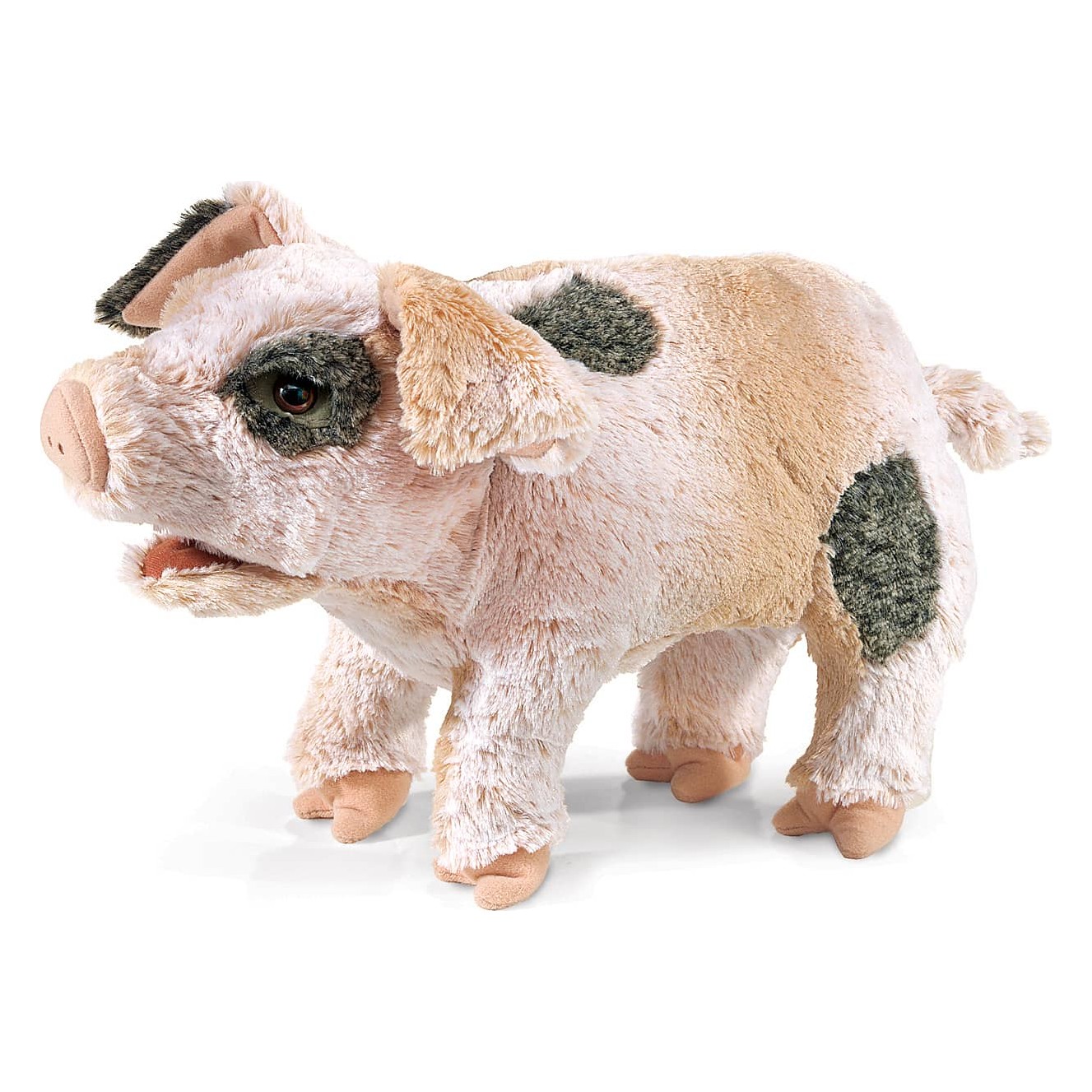 Folkmanis Handpuppe grunzendes Schweinchen in Rosa mit grauen Flecken, geöffnetem Maul, stehend in Seitenansicht