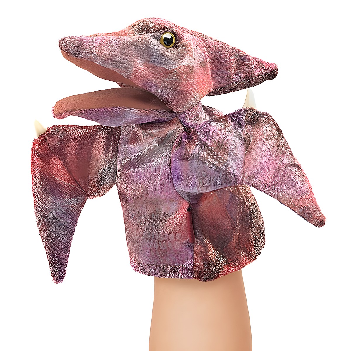 Folkmanis Handpuppe kleiner Pteranodon aus rot-violettem Strukturplüsch mit ausgebreiteten Flügeln, auf Hand geführt