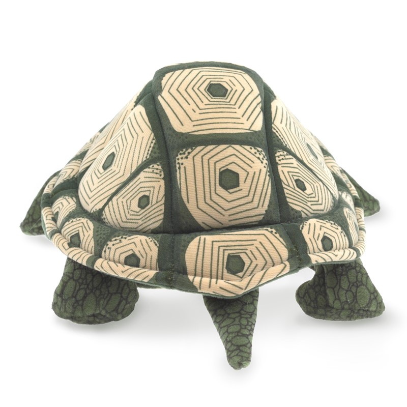 Folkmanis tortoise hand puppet with a detailed patterned shell in dark green and beige, front view