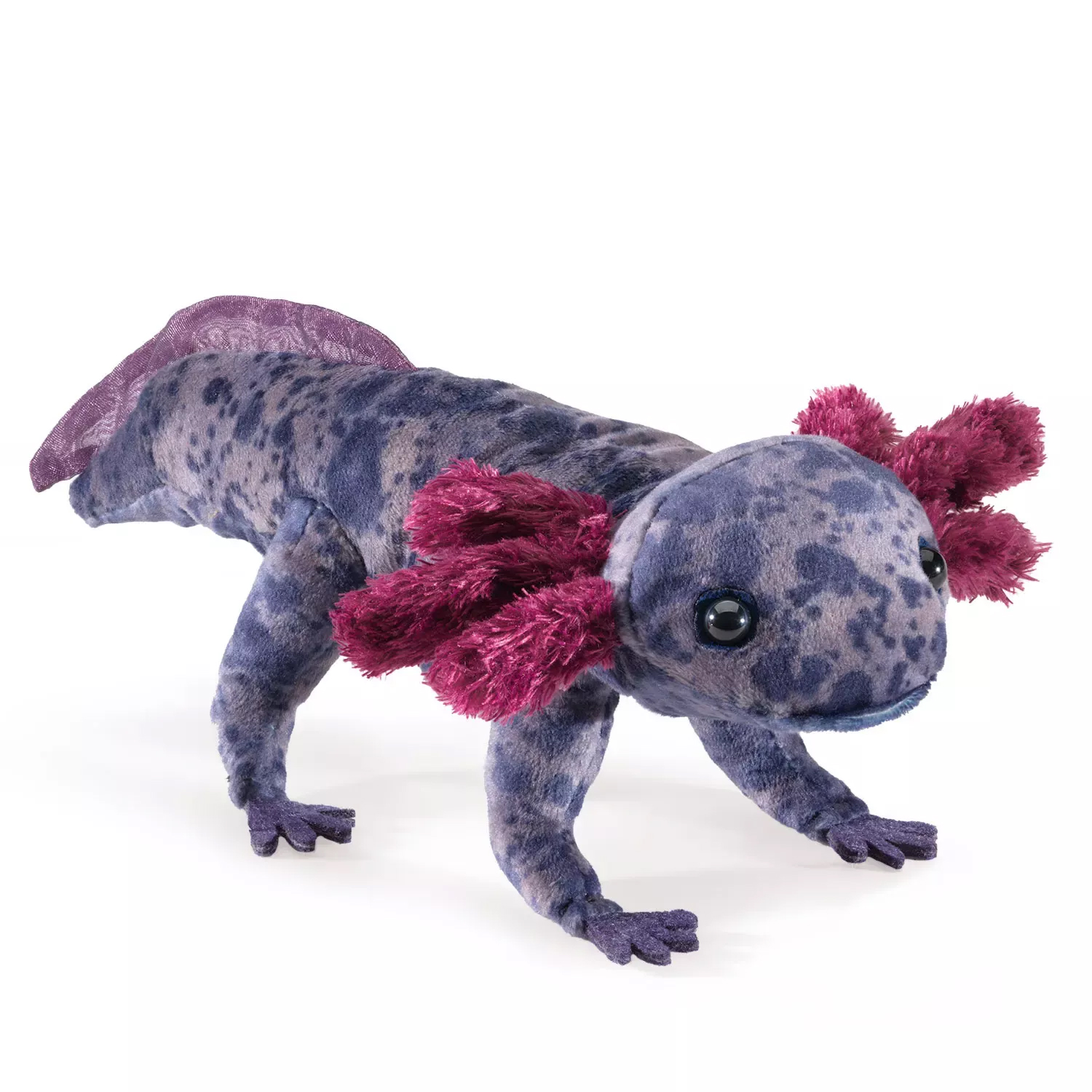 Folkmanis Fingerpuppe Axolotl in blau-grau meliertem Plüsch mit pinkfarbenen Kiemenbüscheln und transparenter Rückenflosse, Seitenansicht