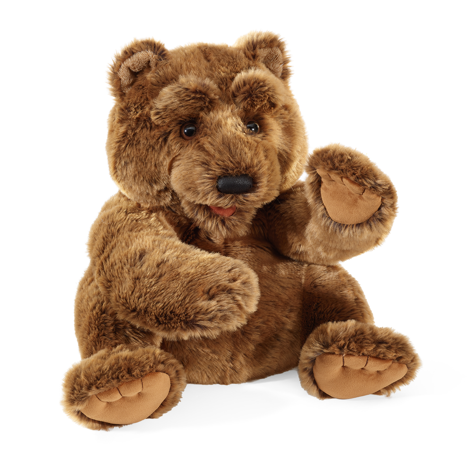 Folkmanis Handpuppe großer Bär, sitzend in Vorderansicht mit braunem Fell, erhobener Pfote und leicht geöffnetem Maul.