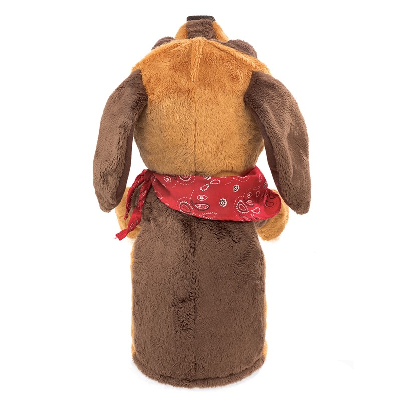 Folkmanis Handpuppe Hund von hinten, braunes Plüschfell mit hellbraunem Rücken und rotem Paisley-Halstuch