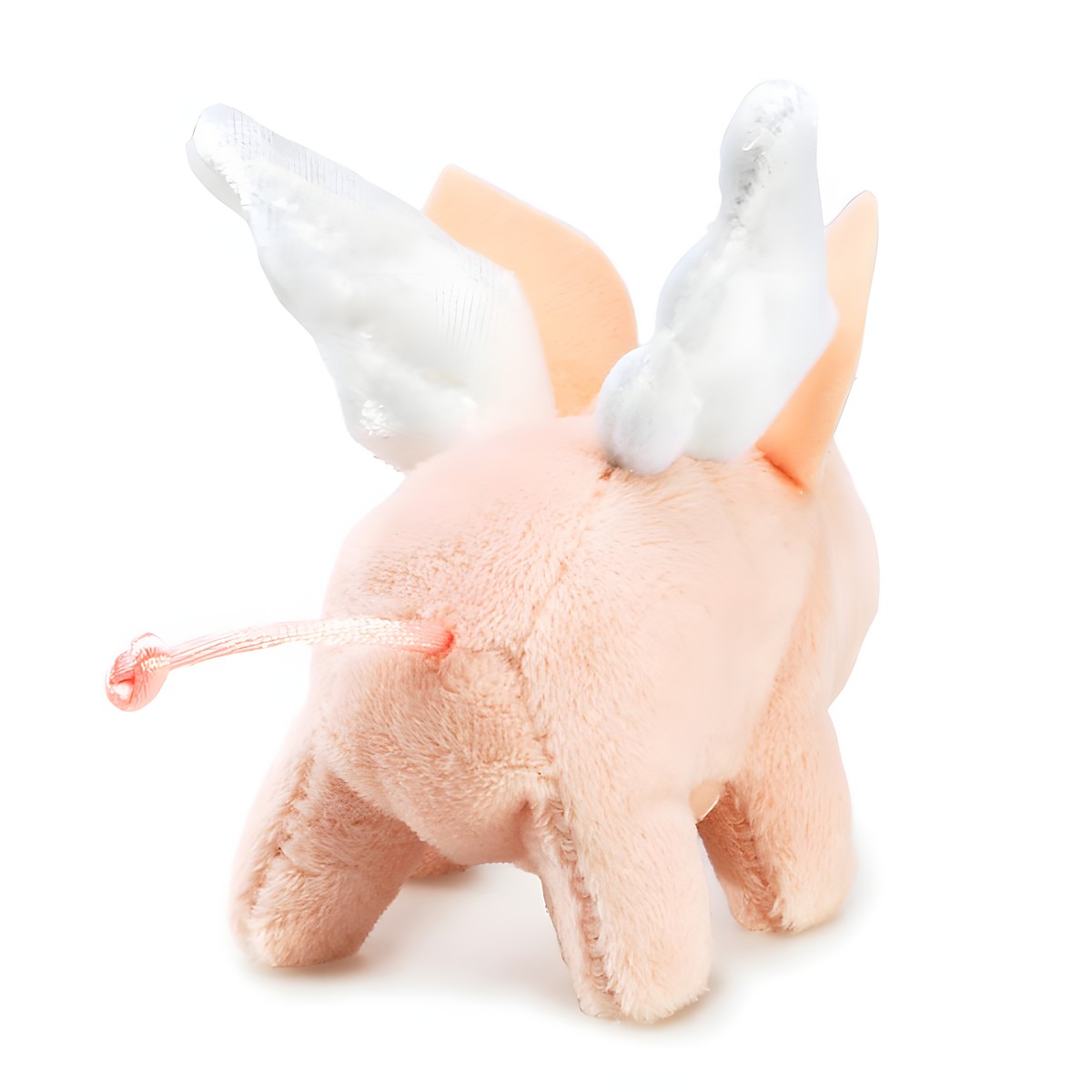 Folkmanis Fingerpuppe mini Schwein mit Flügeln in Rosa, Rückenansicht mit silbrig-weißen Stoffflügeln und rosa Ringelschwanz
