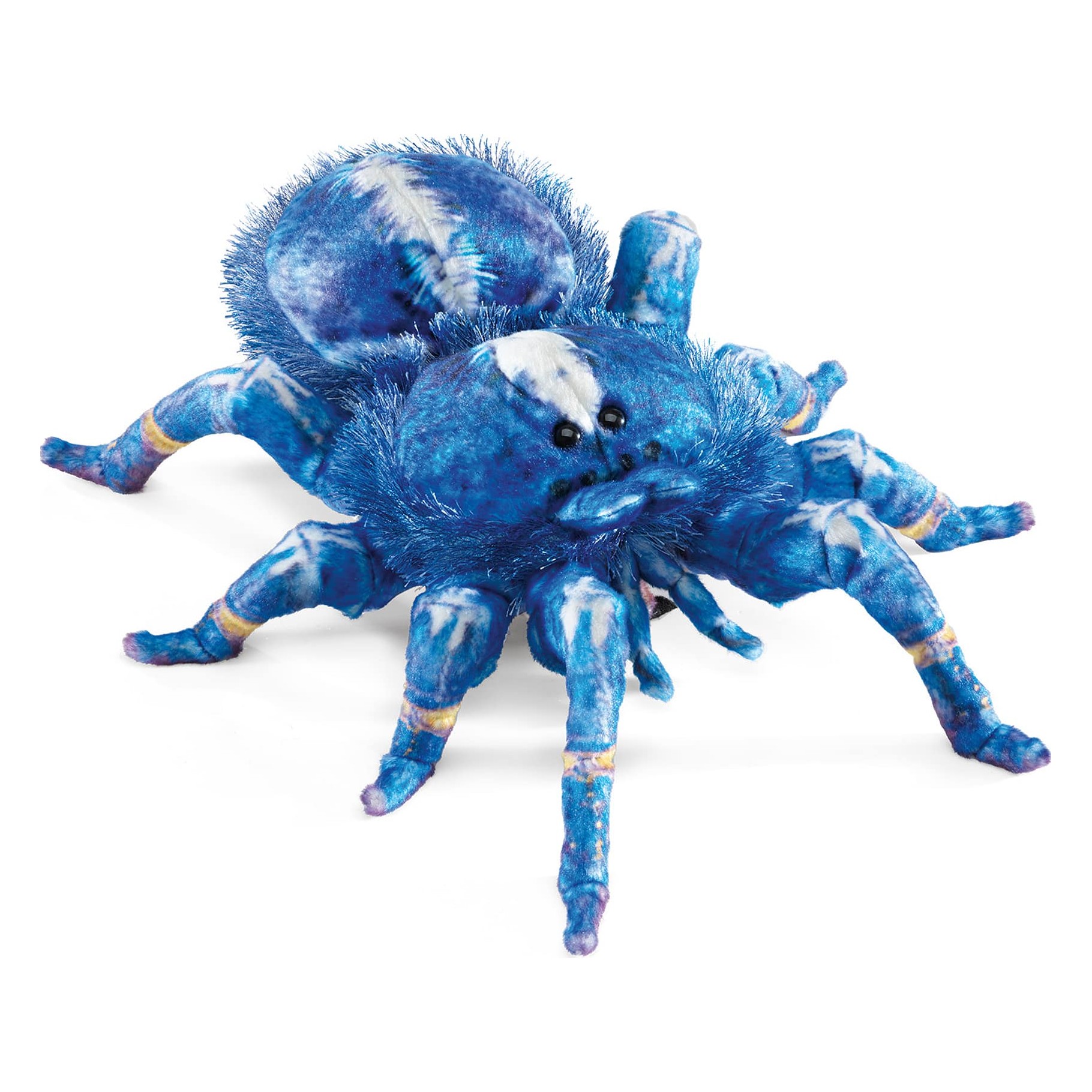 Folkmanis Handpuppe Blaue Vogelspinne in leuchtendem Blau mit weißen Flecken, gelb-violetten Beingelenken und schwarzen Augen, Schrägansicht