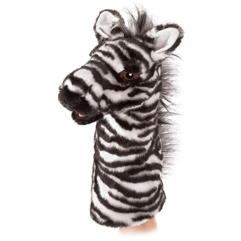 Folkmanis Zebra-Handpuppe mit schwarz-weißem Streifenmuster, zottiger Mähne und beweglichem Maul, Seitenansicht