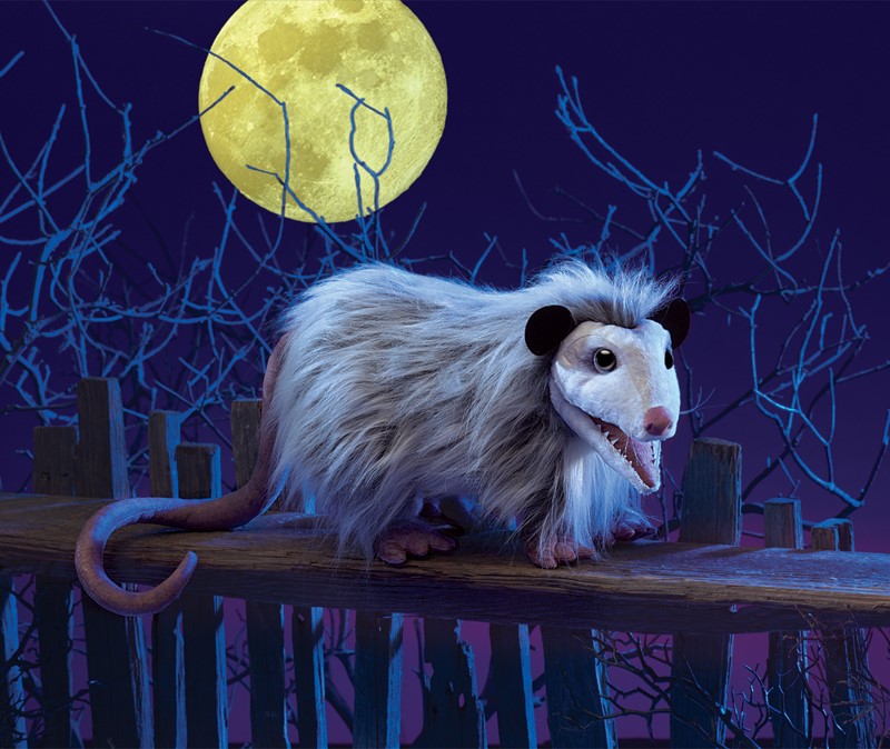 Folkmanis Handpuppe Opossum mit geöffnetem Maul und zerzaustem grau-weißem Fell, auf einem Holzzaun vor Vollmond-Kulisse