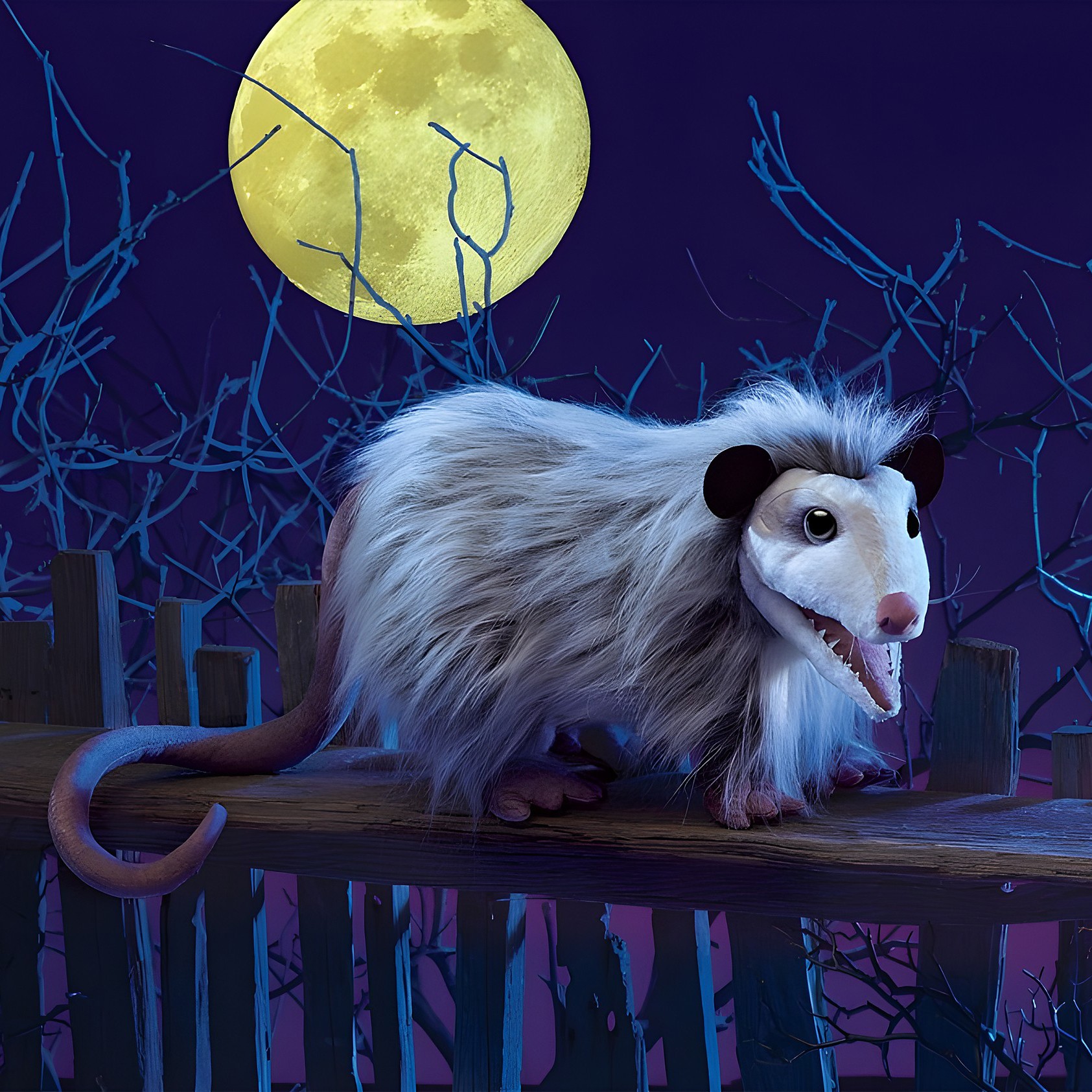 Folkmanis opossum hand puppet with open mouth and shaggy grey-white fur, perched on a wooden fence against a full moon backdrop
