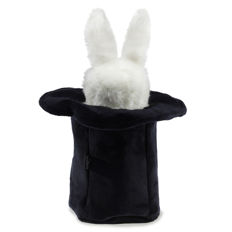 Folkmanis hand puppet white rabbit in a black top hat, rear view with upright plush ears