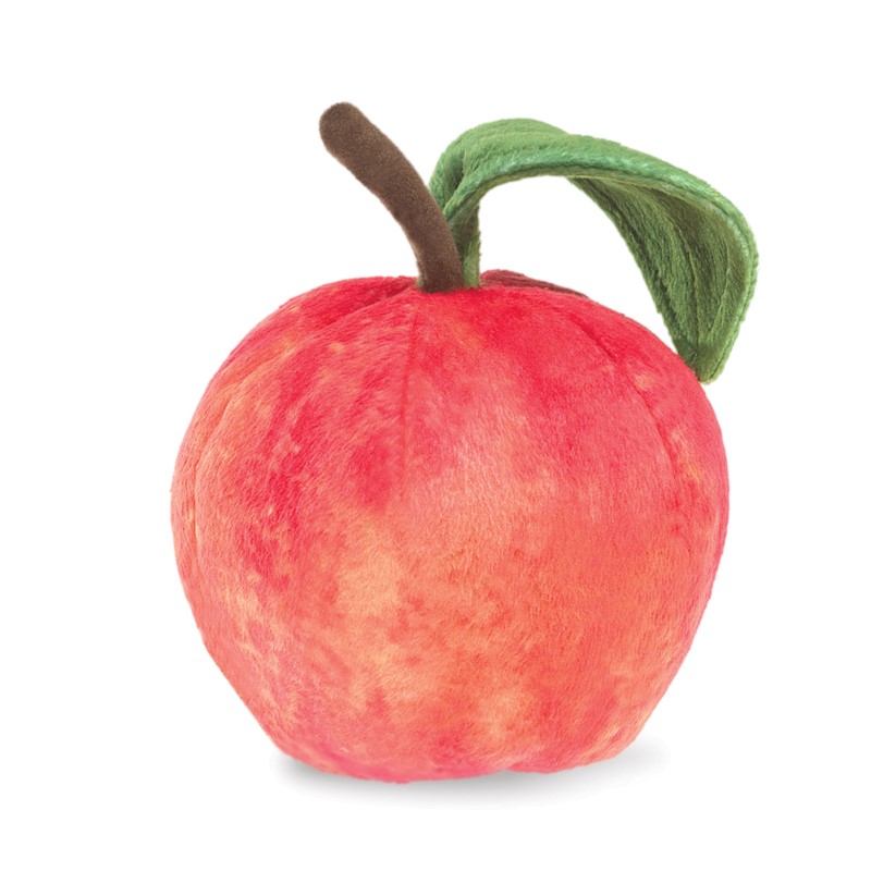 Folkmanis Fingerpuppe Apfel aus rotem Plüsch mit grünem Blatt und braunem Stiel, Schrägansicht