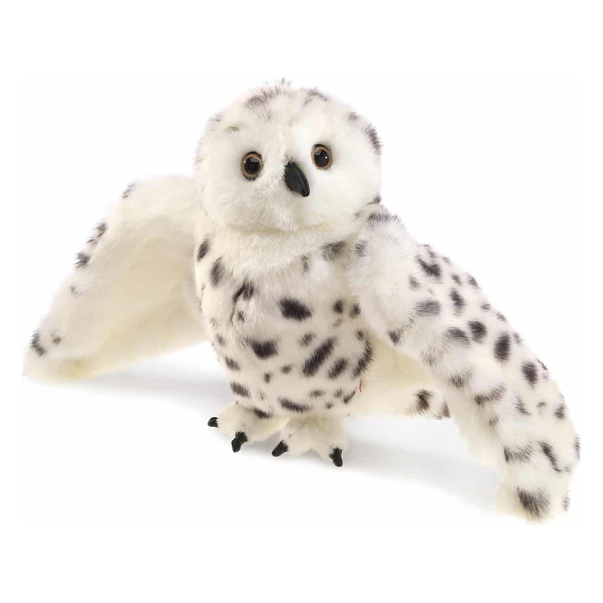 Folkmanis Handpuppe Schneeeule mit ausgebreiteten Flügeln, weißem Plüsch mit schwarzen Flecken und bernsteinfarbenen Glasaugen