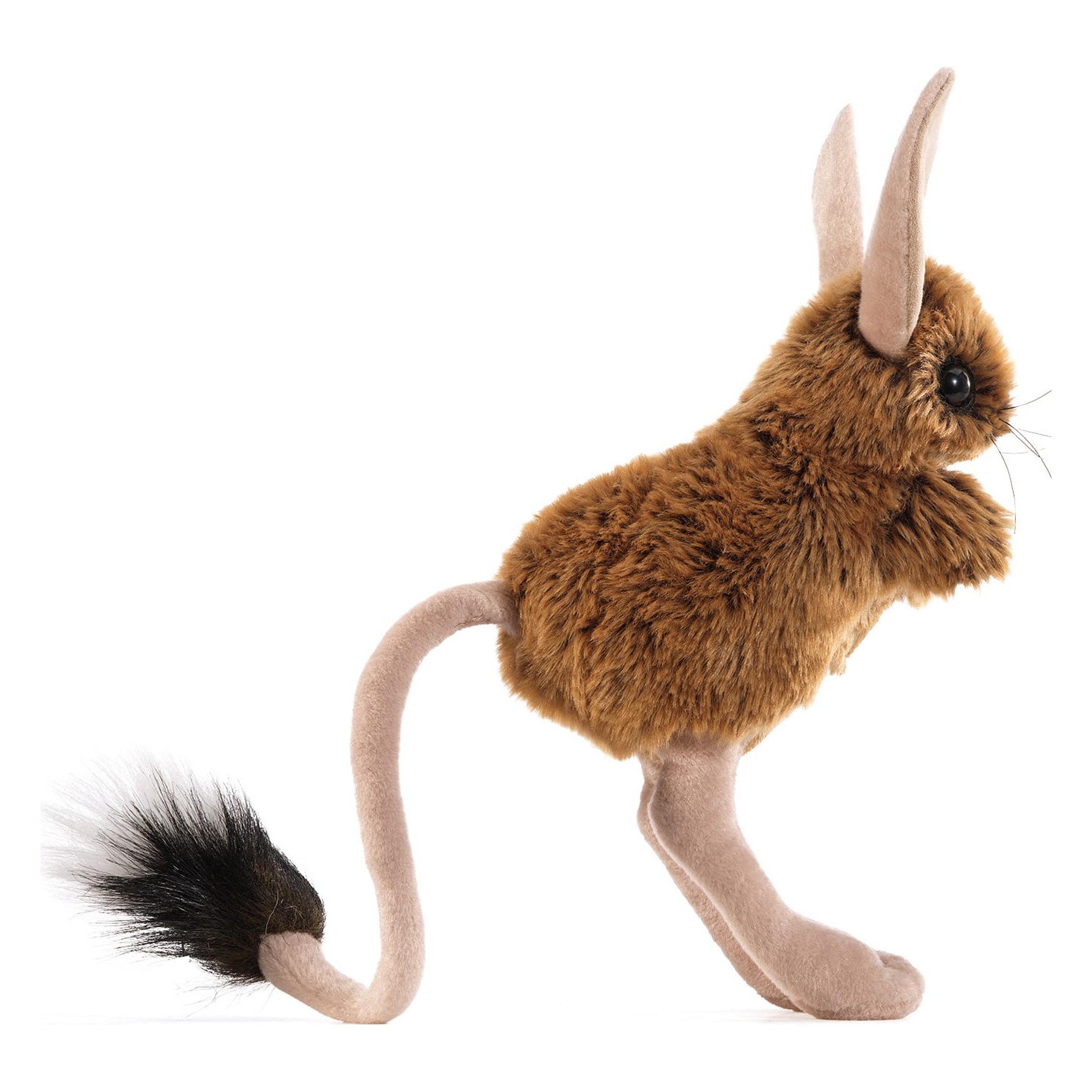 Folkmanis Handpuppe Springmaus mit braunem Plüschfell, langen Hinterbeinen, schmalen Ohren und schwarz-weißem Schwanzquast, Seitenansicht