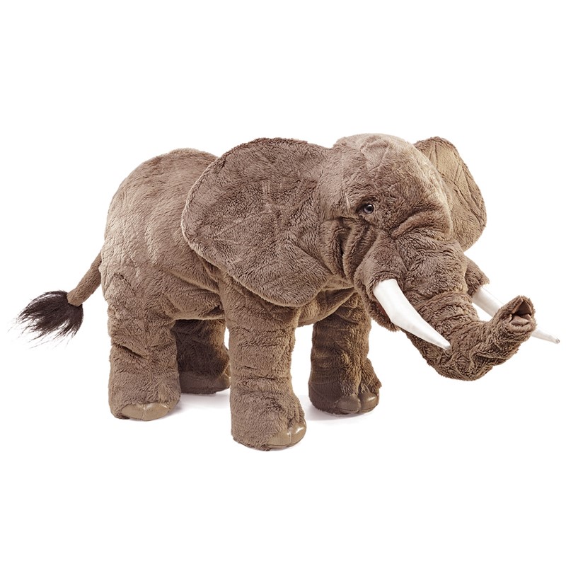 Folkmanis Handpuppe Elefant aus grauem Plüsch, stehend mit beweglichem Rüssel und weißen Stoßzähnen, Seitenansicht
