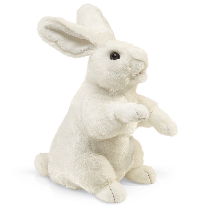 Folkmanis Handpuppe weißer Hase in aufgerichteter Pose mit langen Ohren und detaillierten Pfoten, Seitenansicht