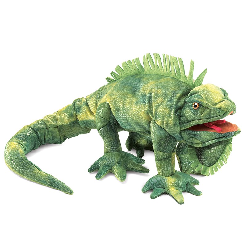 Folkmanis Leguan Handpuppe in Grün mit detaillierter Schuppenstruktur, Rückenkamm und geöffnetem Maul, Seitenansicht