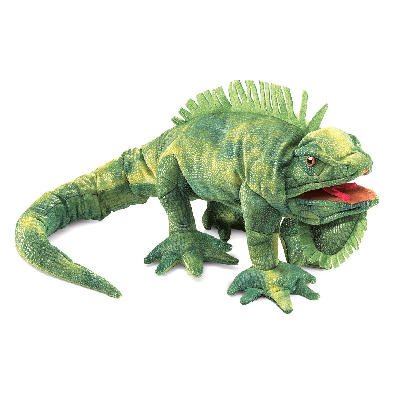 Folkmanis Leguan Handpuppe in Grün mit detaillierter Schuppenstruktur, Rückenkamm und geöffnetem Maul, Seitenansicht