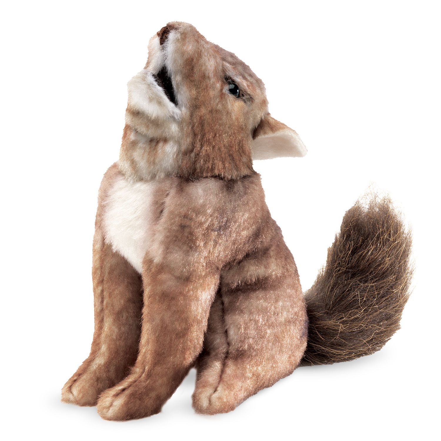 Folkmanis mini finger puppet coyote sitting with head tilted back and bushy tail, brown-beige fur, side view