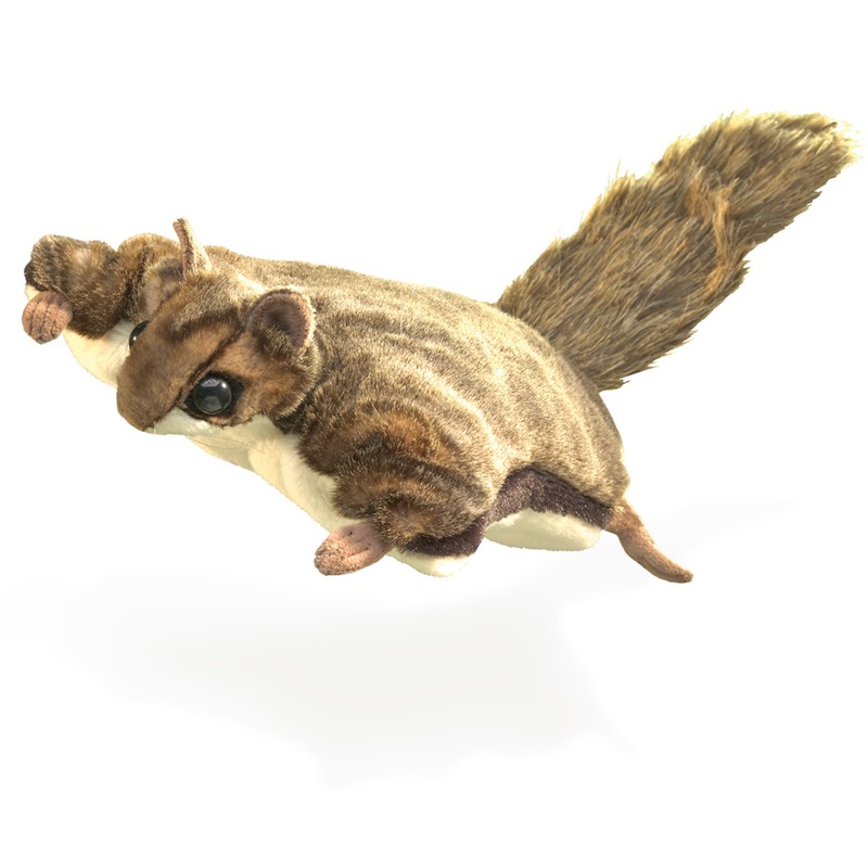 Folkmanis Handpuppe Flughörnchen in Gleitpose, braun gestreiftes Fell, heller Bauch und buschiger Schwanz, Seitenansicht