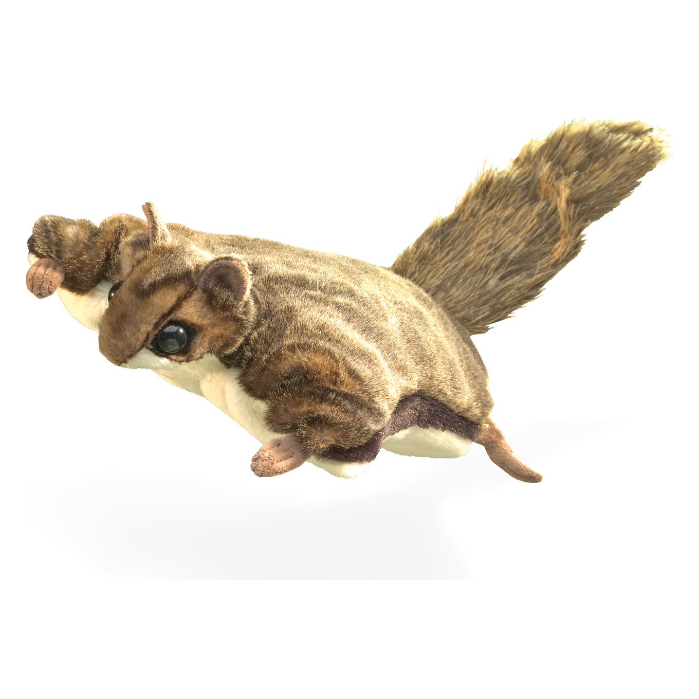 Folkmanis Handpuppe Flughörnchen in Gleitpose, braun gestreiftes Fell, heller Bauch und buschiger Schwanz, Seitenansicht