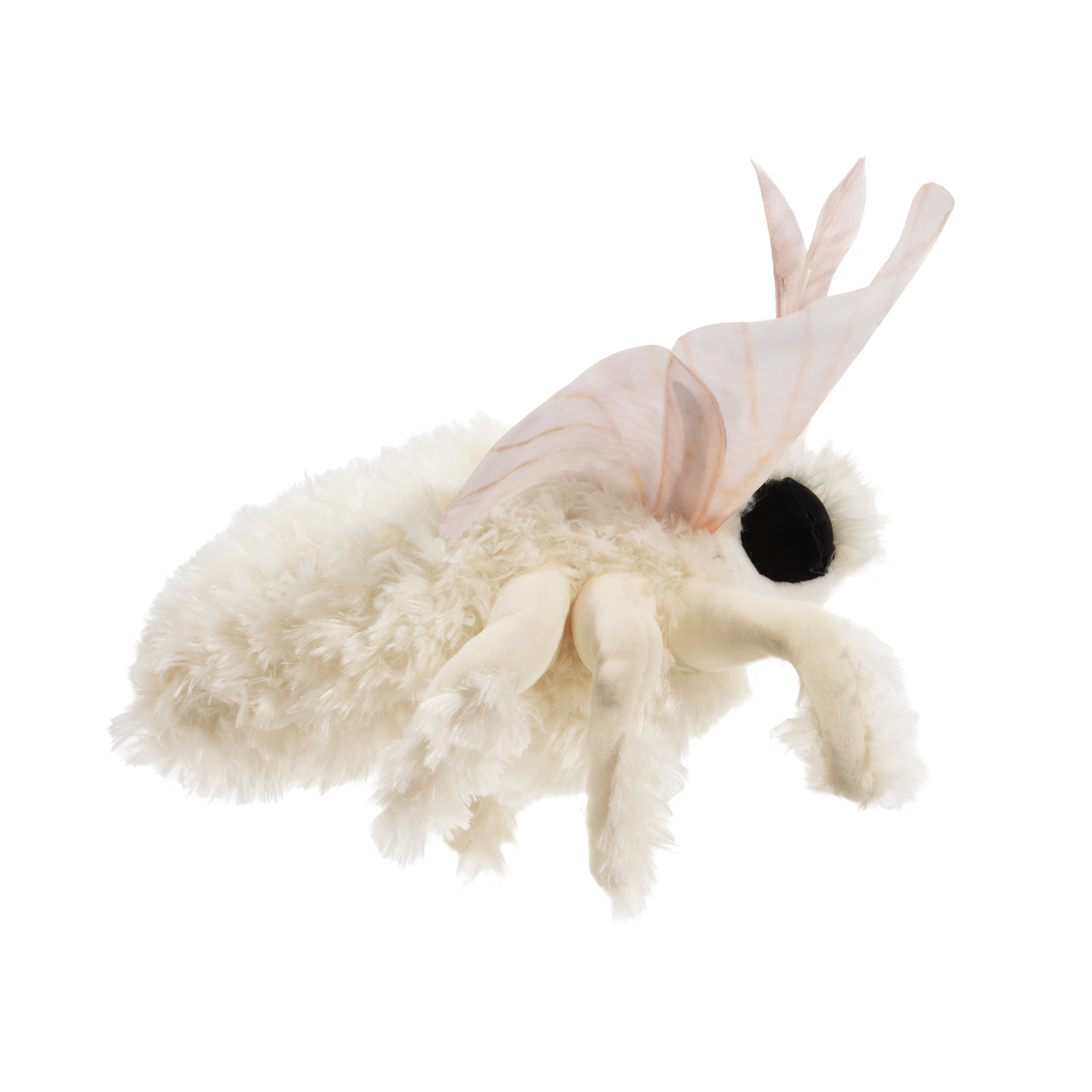 Folkmanis Handpuppe Pudelmotte aus cremefarbenem Flauschplüsch mit transparenten Flügeln und schwarzem Auge, Seitenansicht