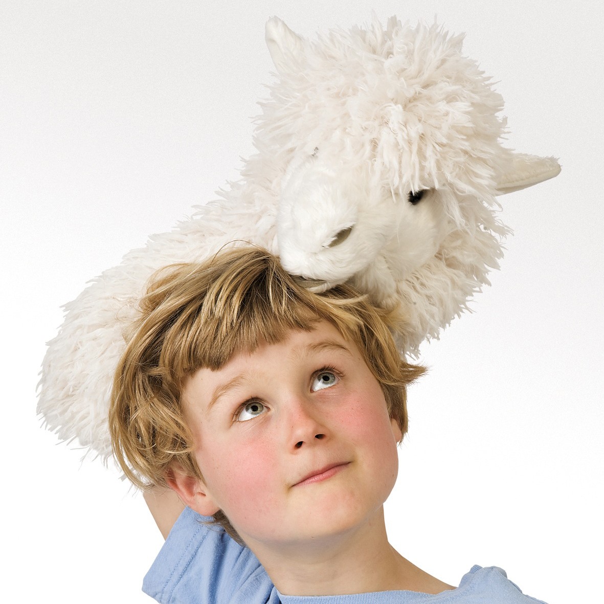 Kind balanciert weiße Folkmanis Alpaka-Handpuppe mit zottigem Fell auf dem Kopf und schaut lächelnd nach oben.