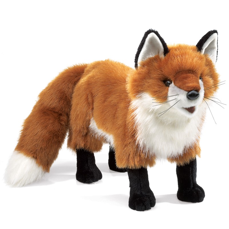 Folkmanis Handpuppe großer Rotfuchs stehend, rotbraunes Fell mit weißer Brust und schwarzen Pfoten, Seitenansicht