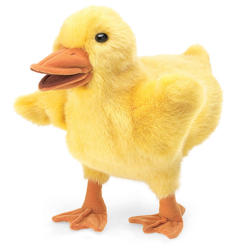 Folkmanis Handpuppe Entchen in Gelb mit geöffnetem orangebraunem Schnabel, stehend in der Seitenansicht