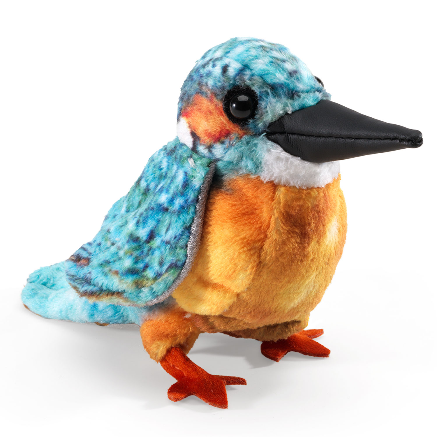 Folkmanis Fingerpuppe mini Eisvogel mit türkis-blauem Gefieder, orangefarbenem Bauch und schwarzem Schnabel, Schrägansicht