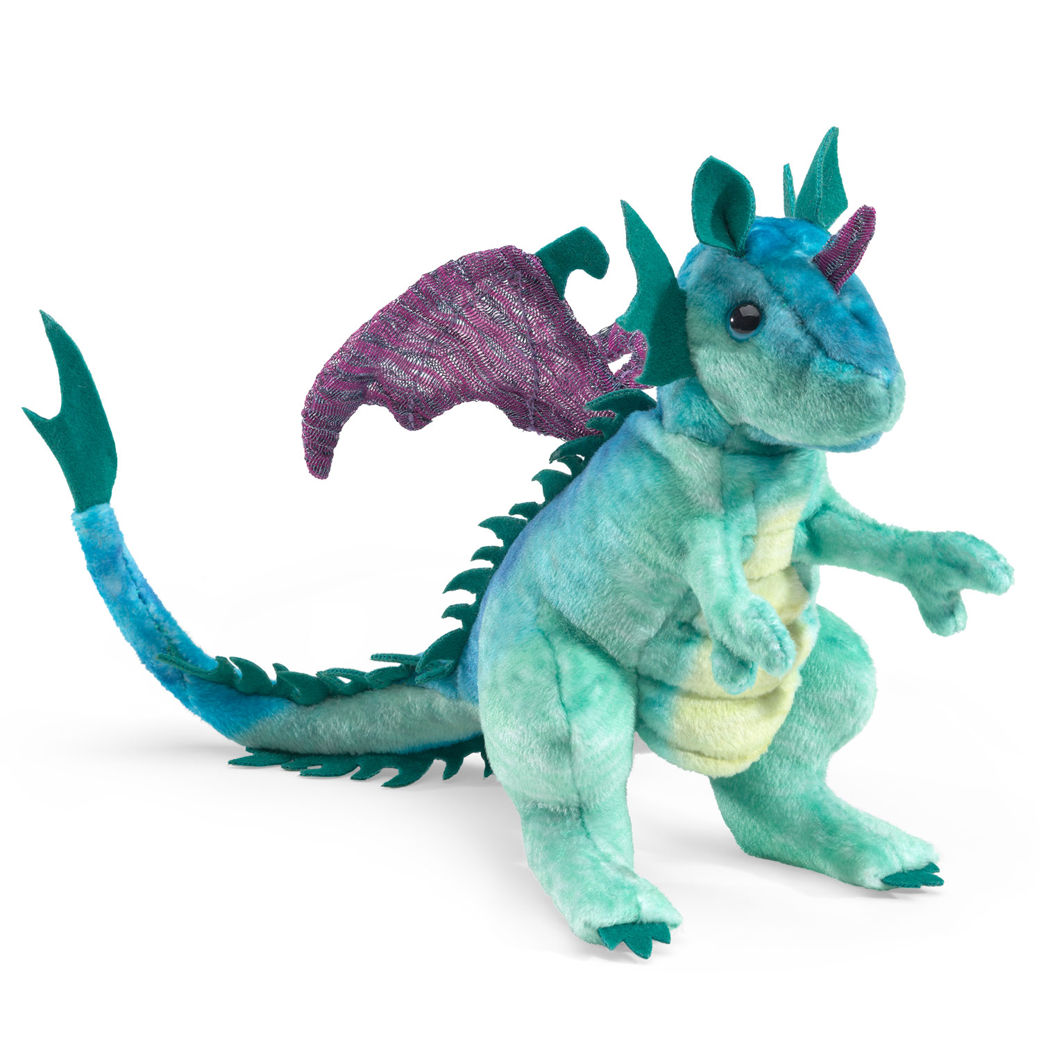 Folkmanis Drache Fingerpuppe in Türkis-Blau mit lila Netzflügeln, Rückenstacheln und aufgerichtetem Körper, Schrägansicht