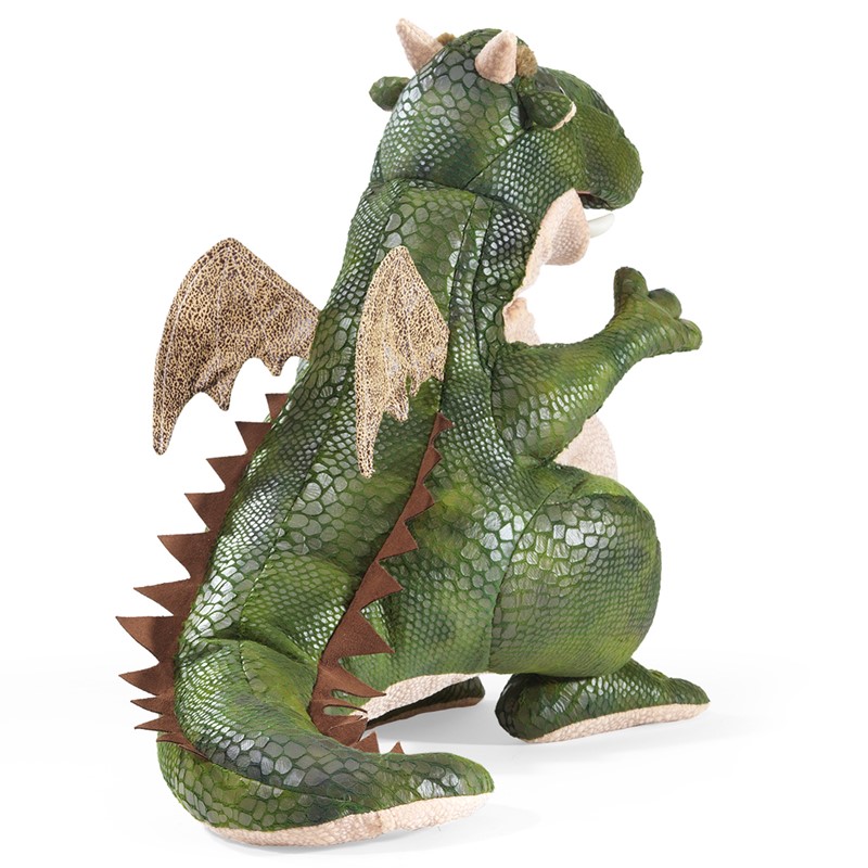 Folkmanis hand puppet green dragon with scale texture, brown wings and back fins, shown in side view