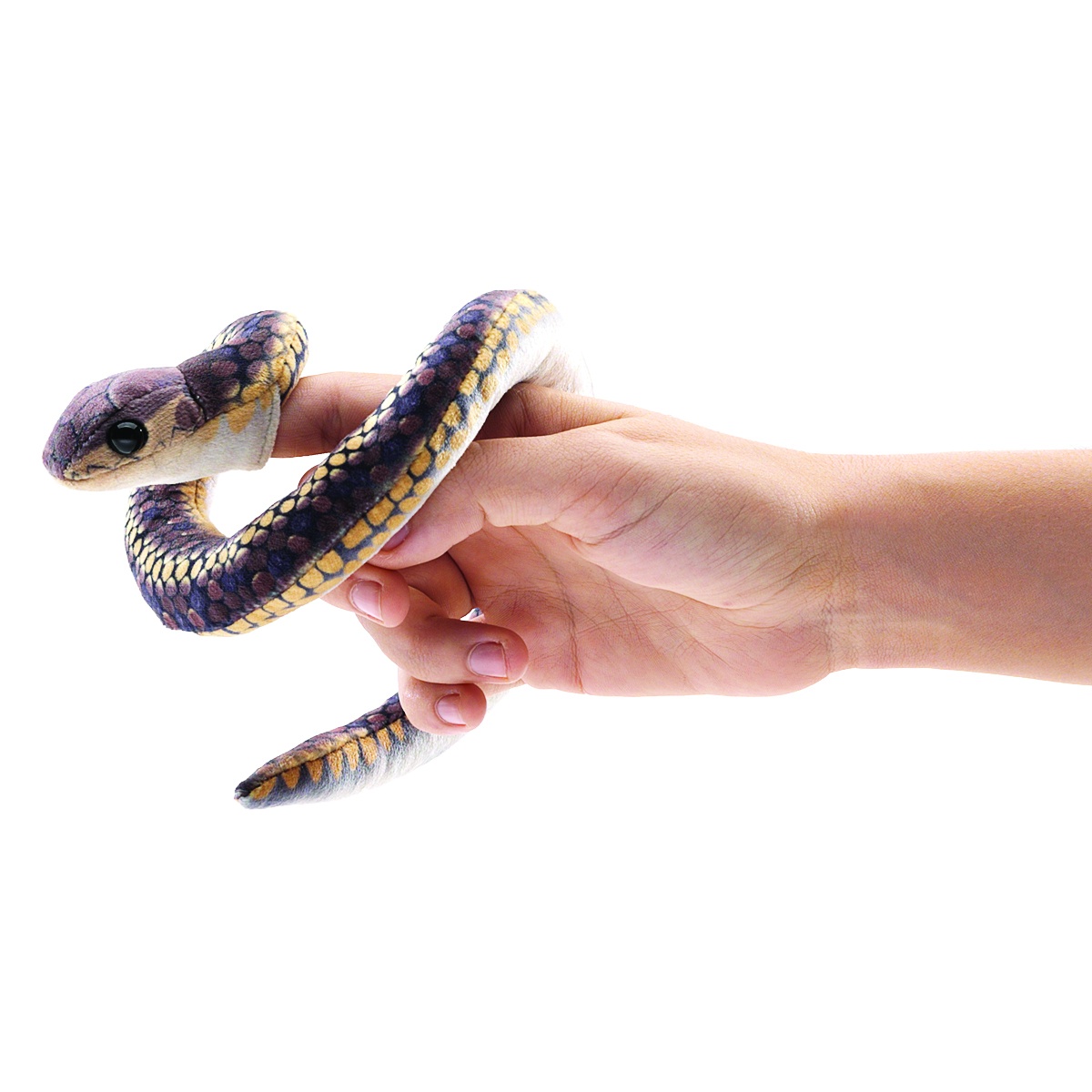 Folkmanis Fingerpuppe mini Schlange mit blau-gelbem Schuppenmuster windet sich um eine Hand
