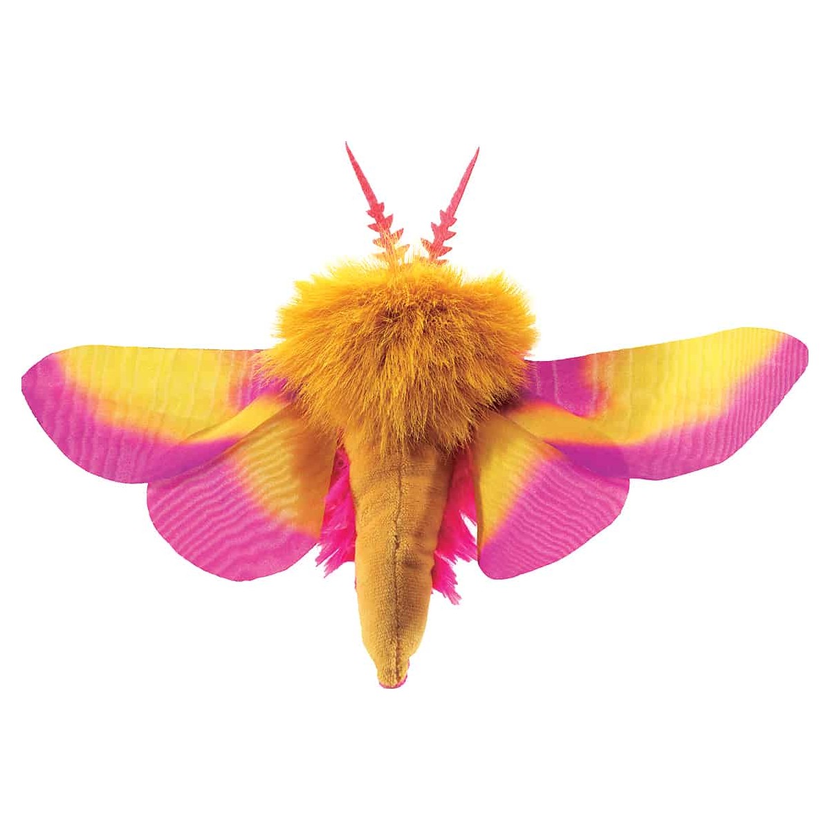 Folkmanis Fingerpuppe Rosa Ahornmotte mit leuchtend pinken und gelben Flügeln sowie fluffigem orangefarbenem Körper, Draufsicht